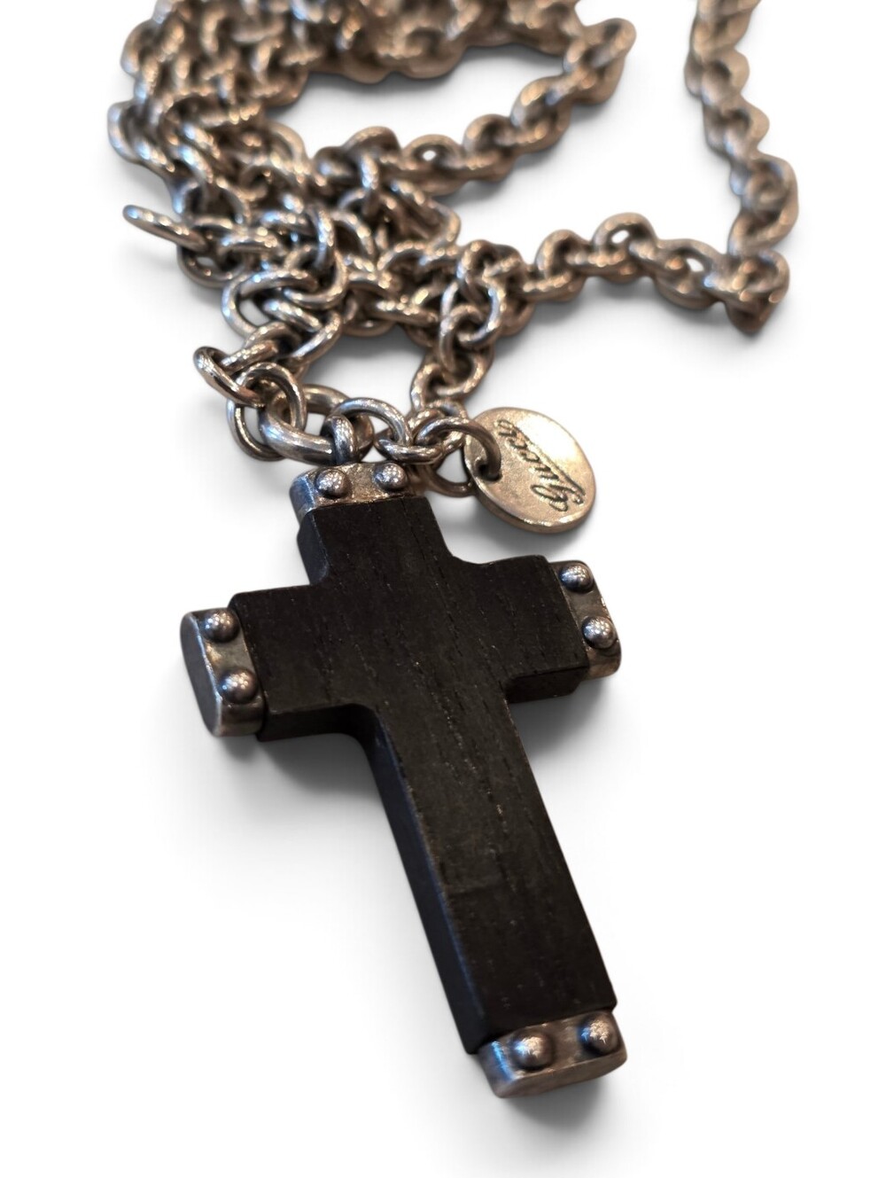 GUCCI Men's Black Cross Pendant Necklace with Silver Chain